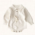 Ivory knit romper with polo collar and diamond openwork pattern