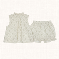 Two-piece set with sleeveless ruffled-neckline blouse and printed bloomers
