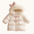 Puffer coat with print detail and rounded hood, front view