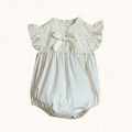 Romper with floral embroidery and satin bow, front view
