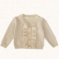 Knit cardigan with ruffled front and V-neckline, front view