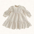 Ivory dress with floral embroidery and ruffled neckline, front view