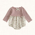 Dusty rose knit top romper with swan and floral print bottom, front view
