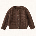 Brown cable knit cardigan with wood-style buttons, front view
