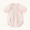 Watercolor print romper with ruffled collar and puff sleeves, front view