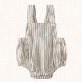 Cream and navy striped romper with adjustable straps, front view