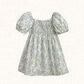 Blue toile print dress with smocked bodice, front view
