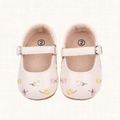 Pastel floral print Mary Jane baby shoes, front view