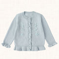Pale blue knit cardigan with floral embroidery, front view