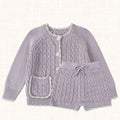 Lilac knit cardigan and shorts set, front view