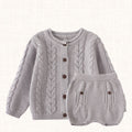Cable-knit cardigan and bloomers set in gray, front view