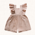 Linen romper with square neckline and ruffle flutter sleeves, front view