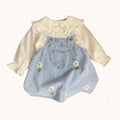 Lace-collar blouse with daisy-embroidered denim dress, full set