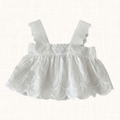 White eyelet top with flutter straps and scalloped hem, front view