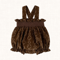 Chocolate brown floral print romper, front view