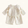 Embroidered top and wide-leg trouser set with scalloped collar, front view