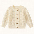 Off white cable knit cardigan with wood-style buttons, front view