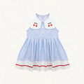 Blue stripe dress with cherry-embroidered Peter Pan collar, front view