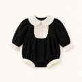 Ondine Romper - full view - black baby girl romper with cream peter pan collar and ruffles - Nenoca