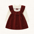 Collete Dress – wine red knit pinafore with velvet bows and cream ruffled-collar top